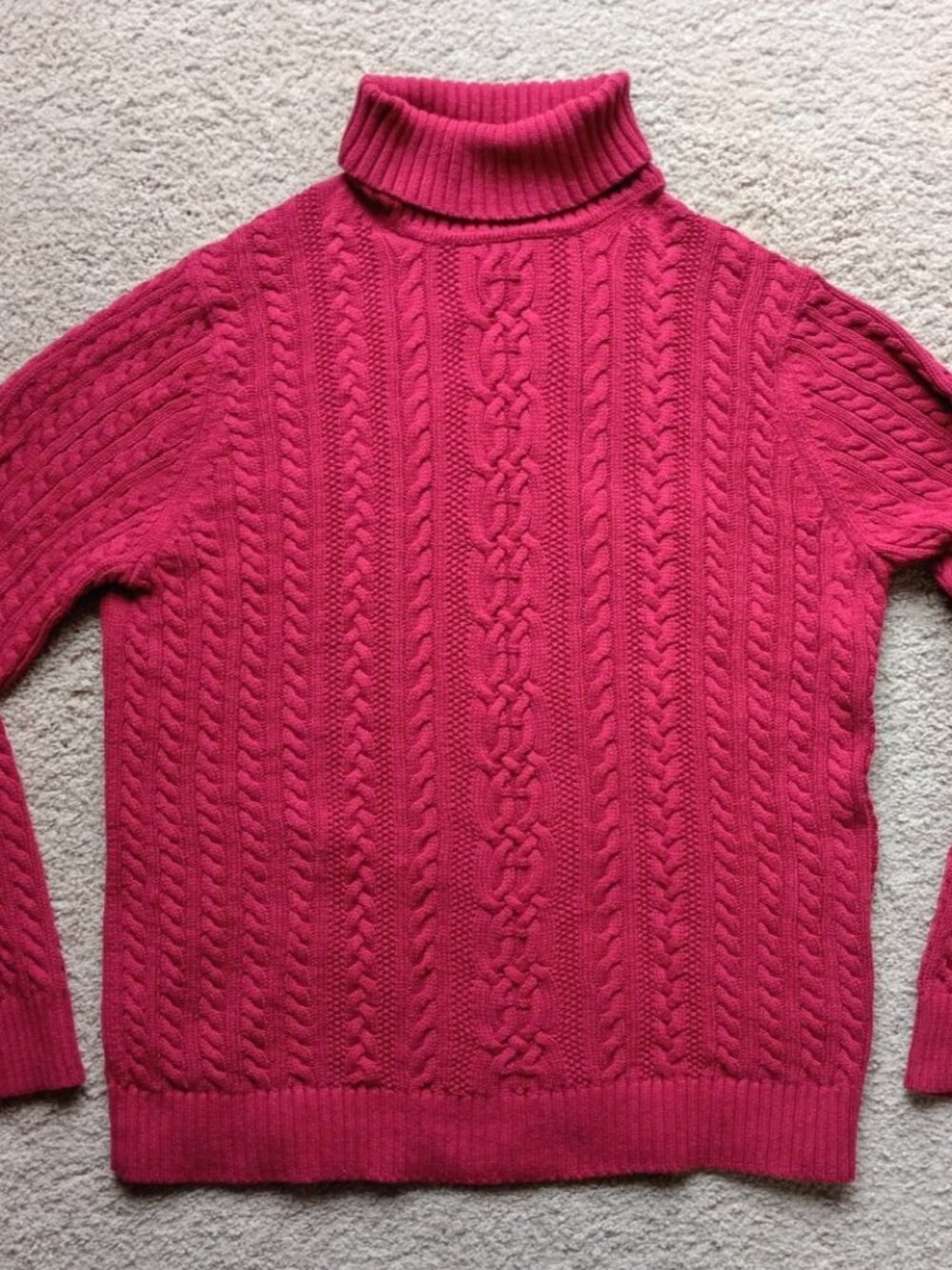 Amazon Essentials Women's Turtleneck Sweater Red Cable Knit Cotton Sz Large EUC